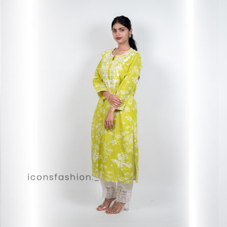 Womens-lime-green-embroidery-kurta-set-with-straight-cut-kurta-round-neckline-three-quarter-sleeves-and-white-lace-detailed-straight-pants