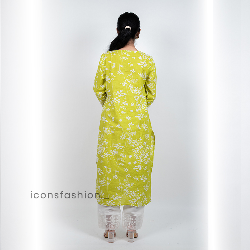Womens-lime-green-embroidery-kurta-set-with-straight-cut-kurta-round-neckline-three-quarter-sleeves-and-white-lace-detailed-straight-pants