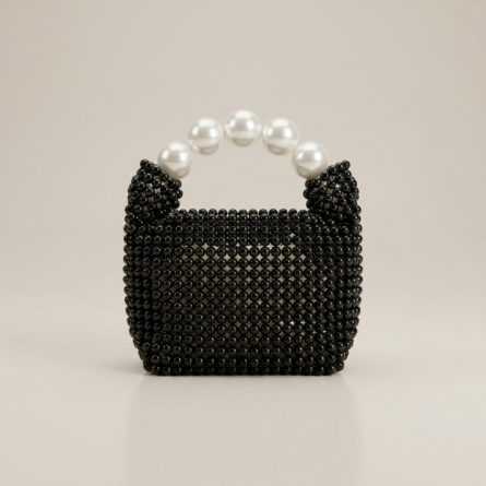 Black-beaded-mini-handbag-with-white-pearl-top-handle-structured-evening-bag