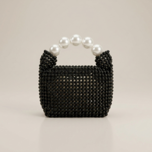 Black-beaded-mini-handbag-with-white-pearl-top-handle-structured-evening-bag