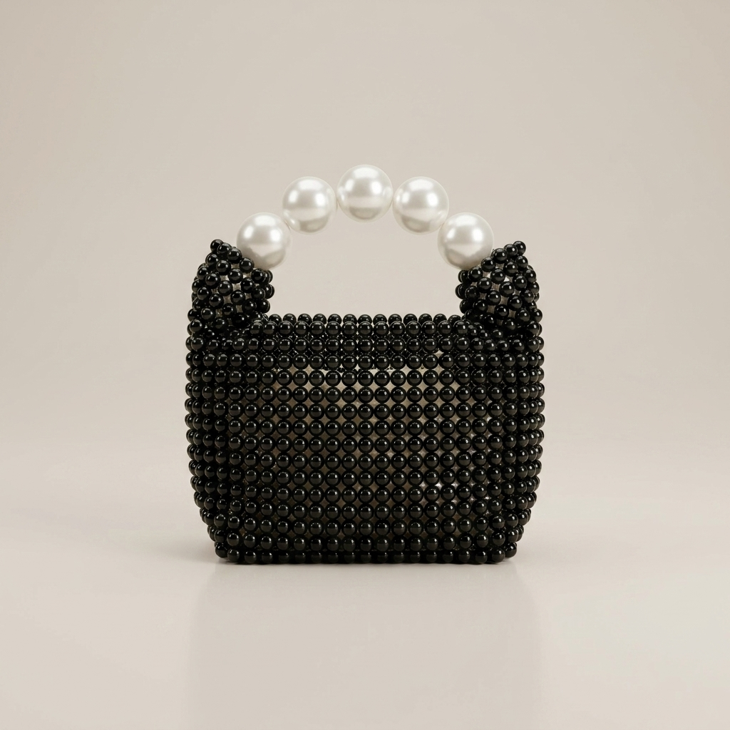 Black-beaded-mini-handbag-with-white-pearl-top-handle-structured-evening-bag