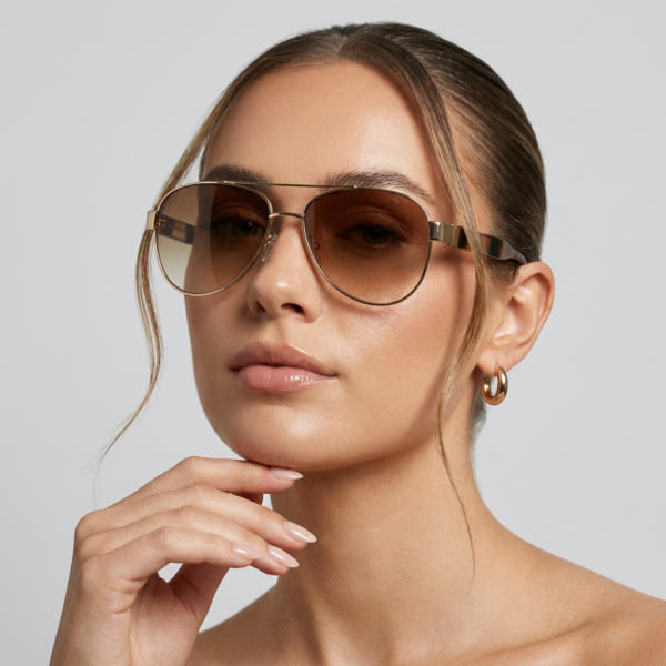 Women’s-gold-frame-aviator-sunglasses-with-brown-gradient-tinted-lenses-and-thin-metal-frame