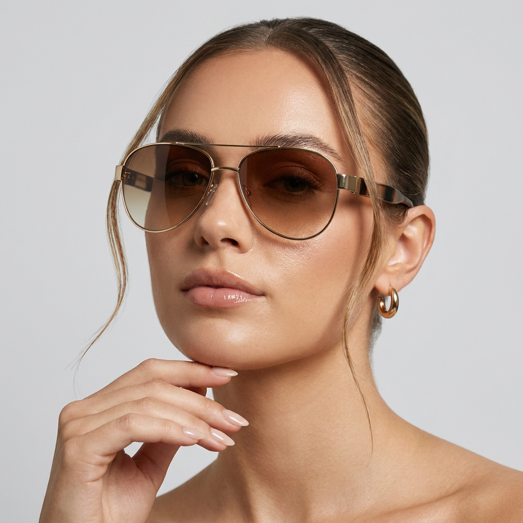 Women’s-gold-frame-aviator-sunglasses-with-brown-gradient-tinted-lenses-and-thin-metal-frame