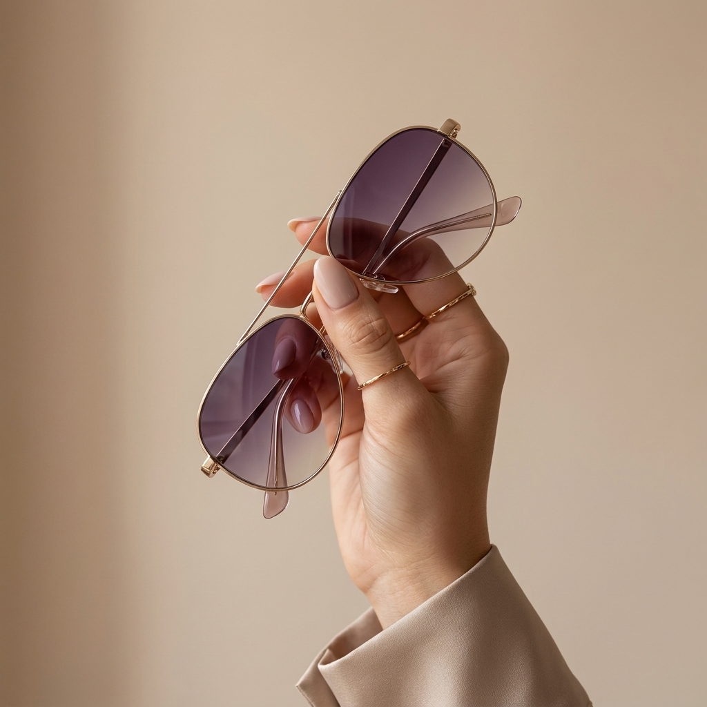 Women’s-gold-frame-aviator-sunglasses-with-purple-gradient-lenses-held-in-hand-against-neutral-background