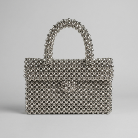 Silver-beaded-handbag-with-top-handle-and-flap-closure-structured-evening-bag