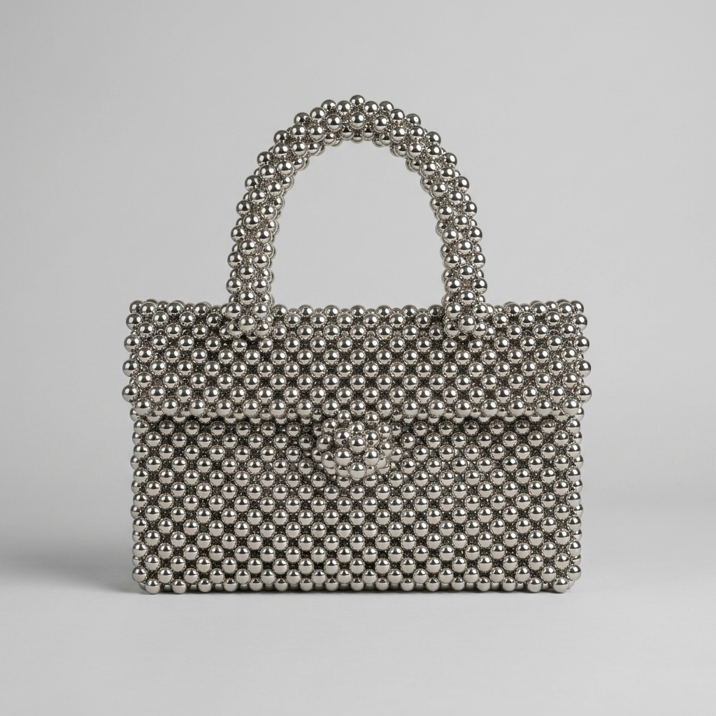 Silver-beaded-handbag-with-top-handle-and-flap-closure-structured-evening-bag