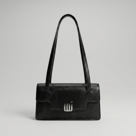 Black-structured-shoulder-bag-with-flap-closure-and-long-straps-textured-handbag