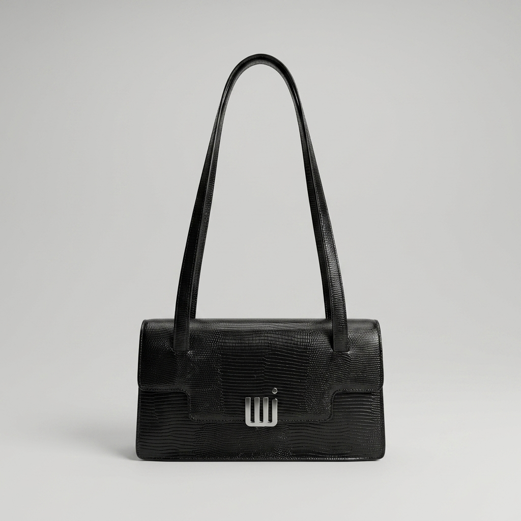 Black-structured-shoulder-bag-with-flap-closure-and-long-straps-textured-handbag