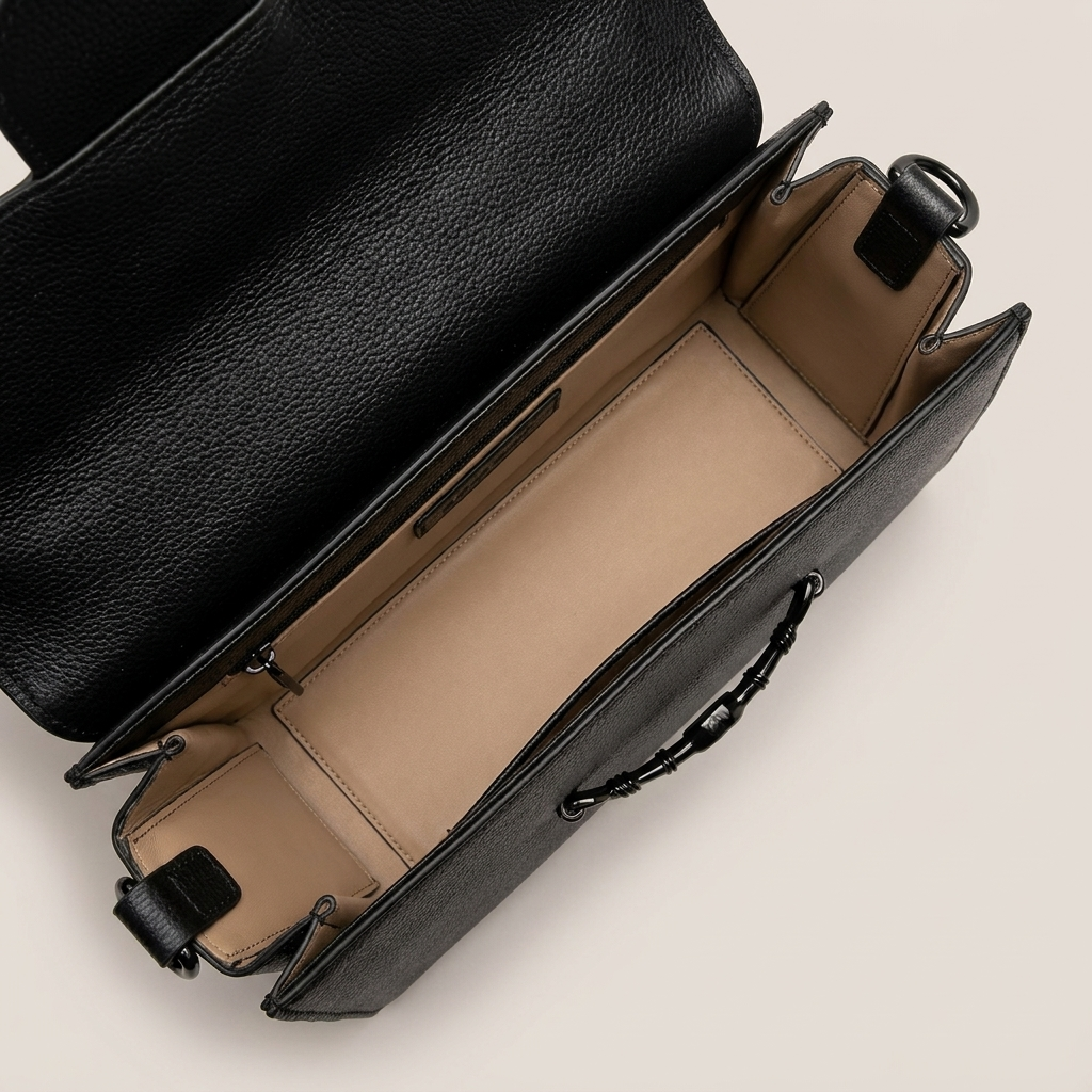 Black-structured-flap-shoulder-bag-with-gold-hardware-and-adjustable-crossbody-strap