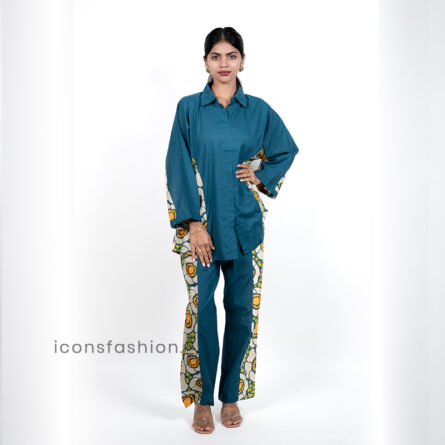 Womens-blue-co-ord-set-with-contrast-floral-panel-and-straight-pants