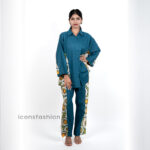 Womens-blue-co-ord-set-with-contrast-floral-panel-and-straight-pants