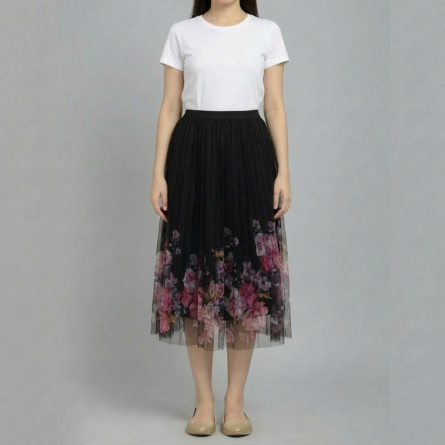 Women’s-black-midi-skirt-with-floral-printed-mesh-overlay-and-pleated-tulle-design