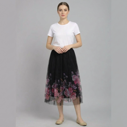 Women’s-black-midi-skirt-with-floral-printed-mesh-overlay-and-pleated-tulle-design