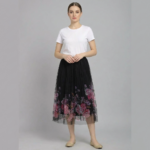 Women’s-black-midi-skirt-with-floral-printed-mesh-overlay-and-pleated-tulle-design