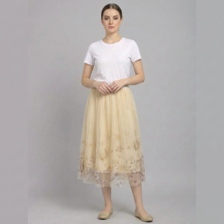Women’s-beige-pleated-midi-skirt-with-floral-print-mesh-overlay-and-soft-tulle-design