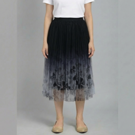 Women’s-black-ombre-midi-skirt-with-floral-mesh-overlay-and-pleated-tulle-design