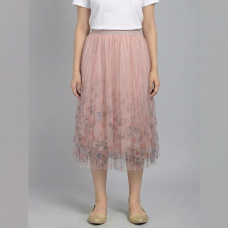 Women’s-pink-midi-skirt-with-floral-printed-mesh-overlay-and-pleated-tulle-design